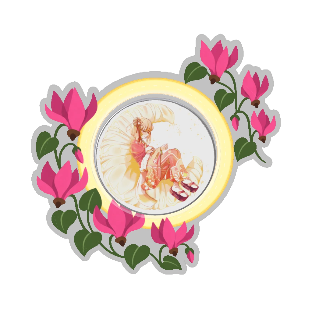 ひつじの缶バッジ推しと季節の花 11月・シクラメン