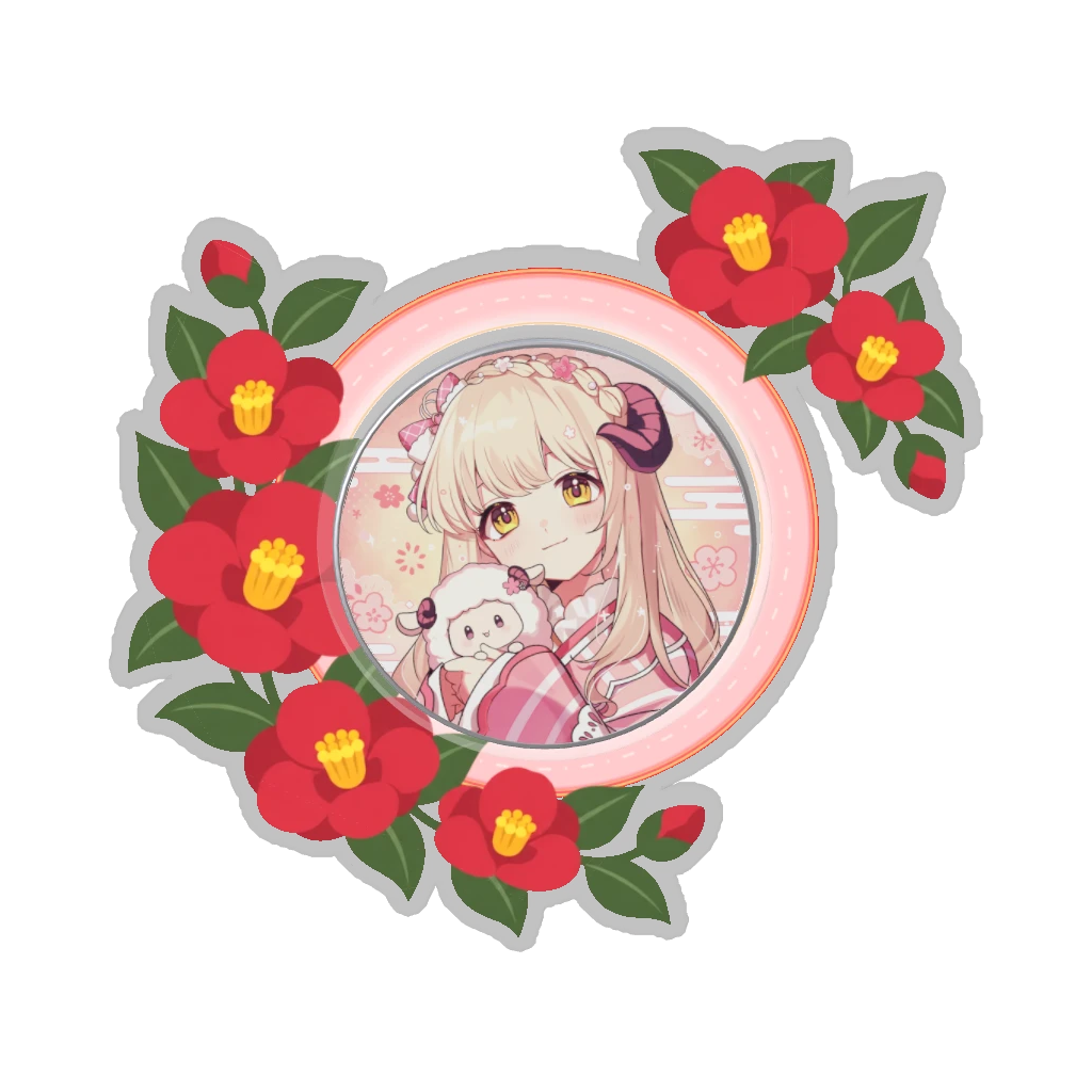 ひつじの缶バッジ推しと季節の花 1月・椿