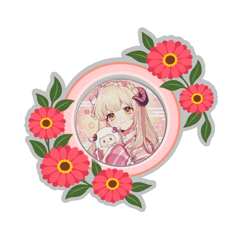ひつじの缶バッジ推しと季節の花 8月・百日草