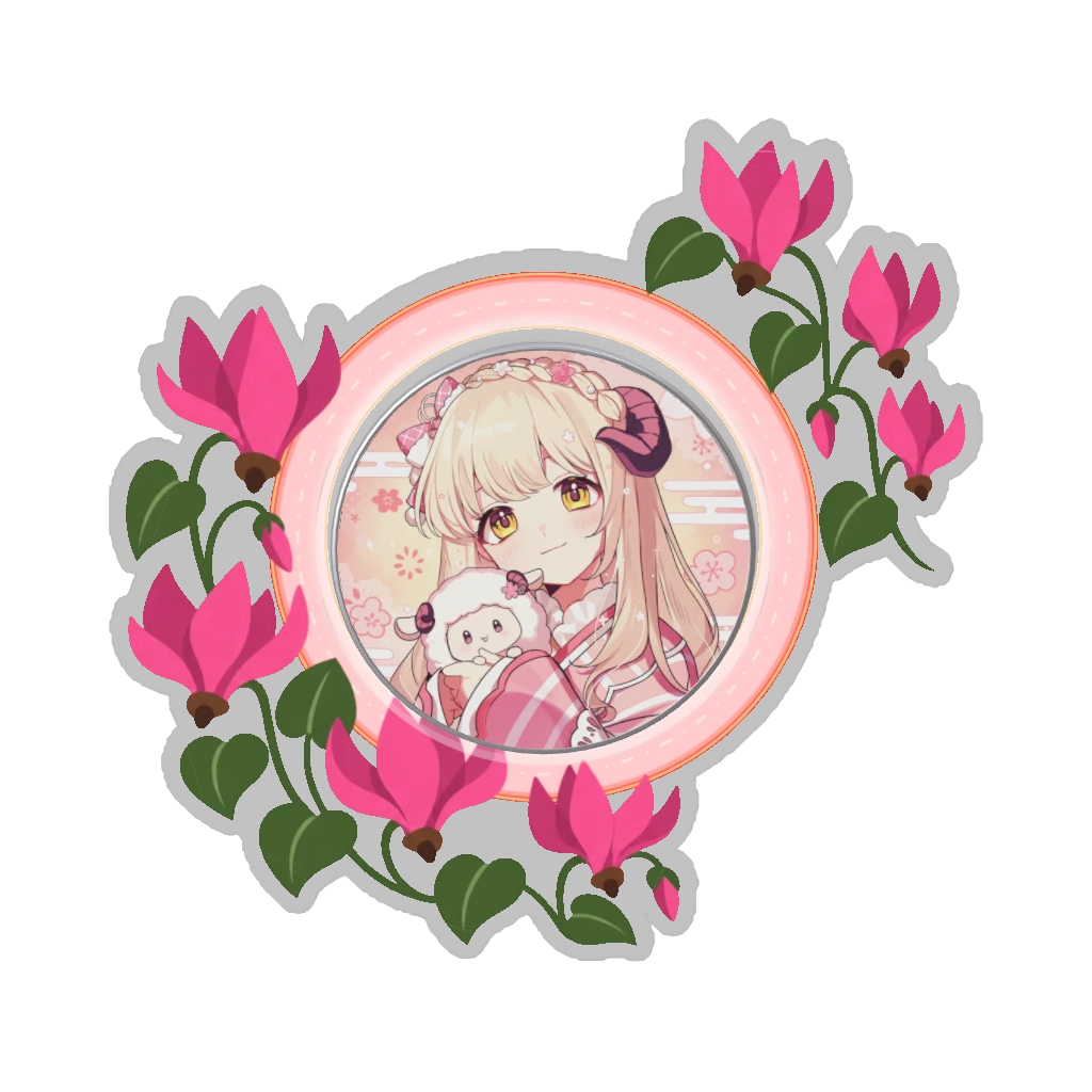 ひつじの缶バッジ推しと季節の花 11月・シクラメン