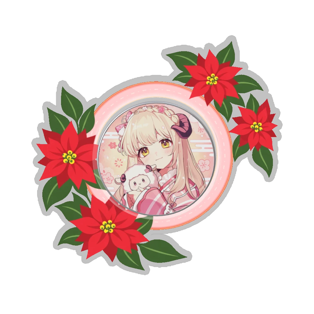 ひつじの缶バッジ推しと季節の花 12月・ポインセチア