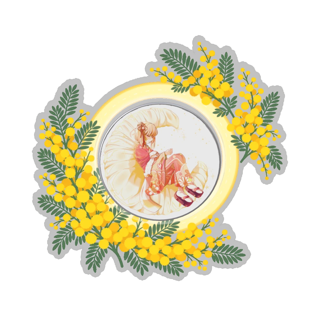 ひつじの缶バッジ推しと季節の花 3月・ミモザ