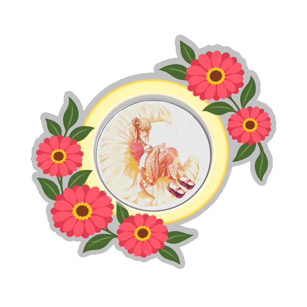 ひつじの缶バッジ推しと季節の花 8月・百日草